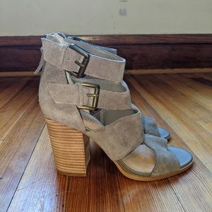 Tan Suede Open Toe Heels